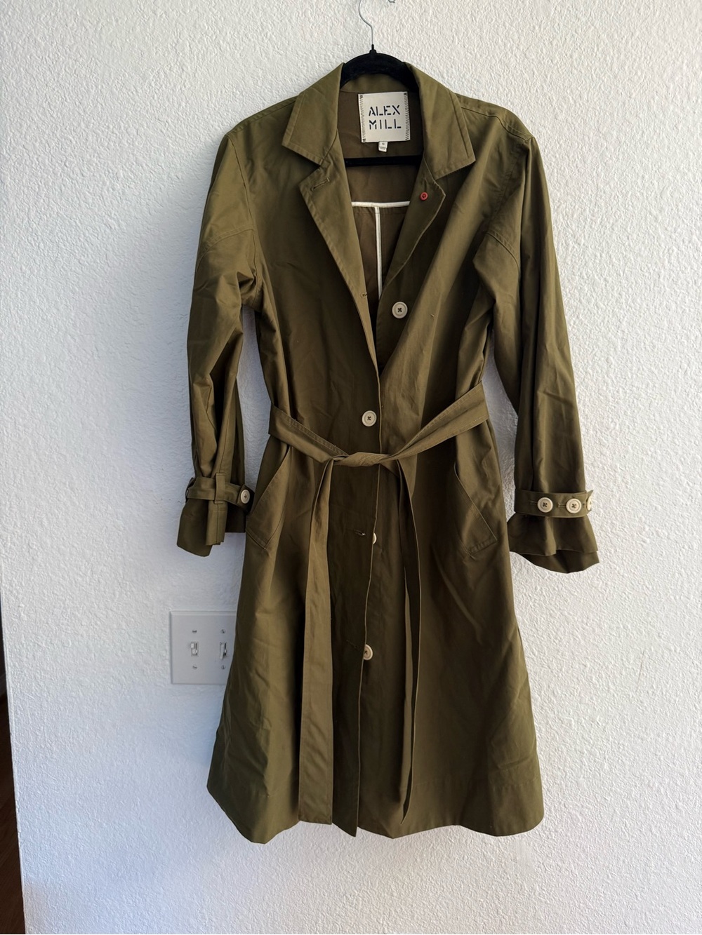 Alex Mill Olive Green Belted Trench Coat Small Lightweight Jacket